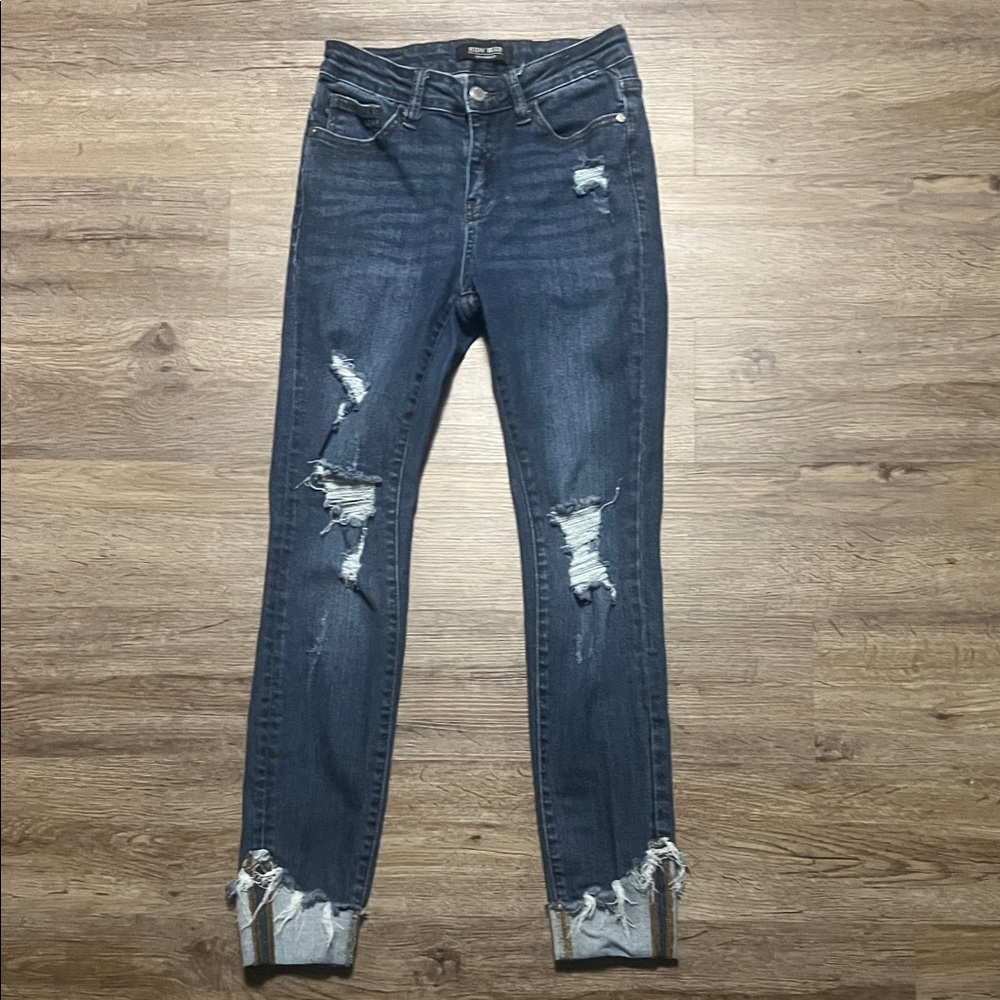 Judy Blue Dark Blue Mid Rise Skinny Cuffed Distressed Dark Wash